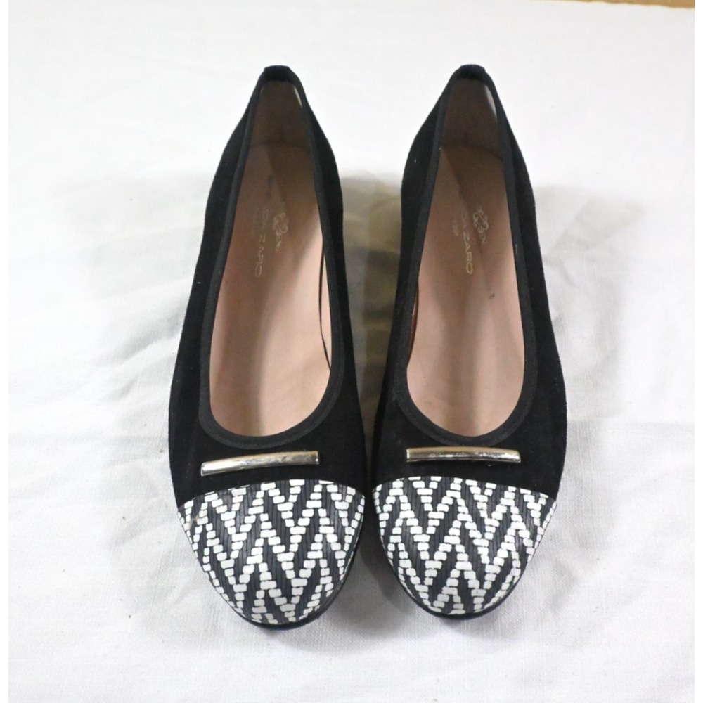 Brenda Zaro Spain Black Suede Chevron Woven Cap Toe Low Wedge Pumps Sz 40 US 9